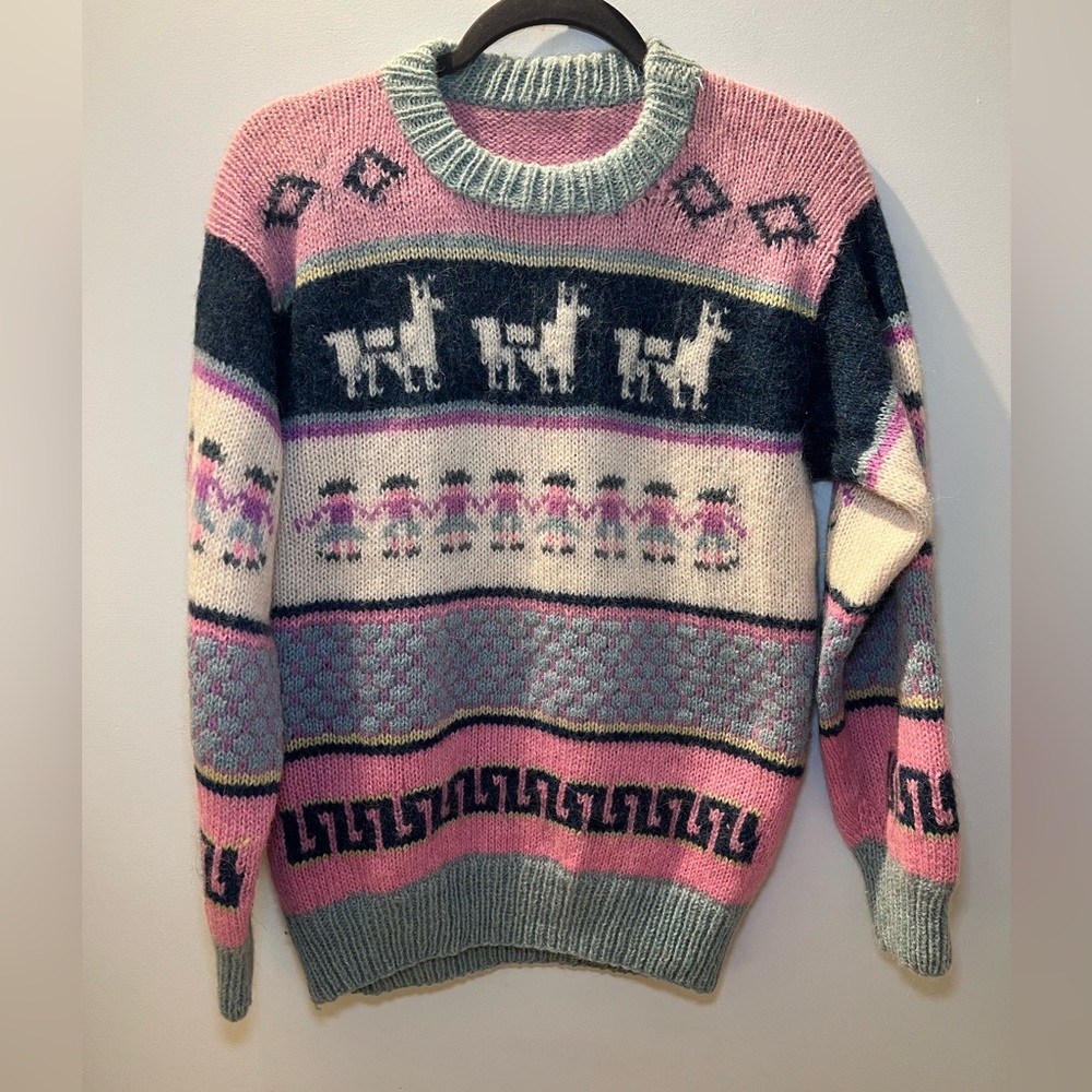 Vintage Hand Knit Mohair Sweater – Folk Art Animal Pattern Cozy Statement Knit - Picture 3 of 5
